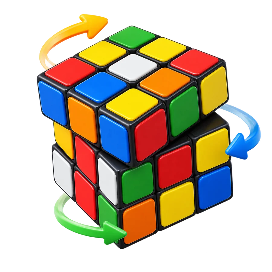 A 3D cube with arrows showing face turns